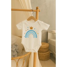 Moda Lime Bebek Body - Mavi Gökkuşağı ve Taç Desenli Organik Pamuk Tulum