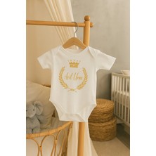 Moda Lime Kişiye Özel Bebek Body - Taç ve Defne Yaprağı Desenli Isimli Organik Pamuk Tulum