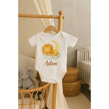 Moda Lime Kişiye Özel Bebek Body - Aslan ve Ay Desenli Isimli Organik Pamuk Tulum