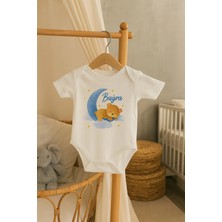 Moda Lime Kişiye Özel Bebek Body - Ay ve Uyuyan Ayıcık Desenli Isimli Organik Pamuk Tulum