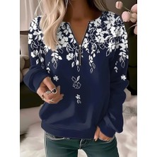 Yeşil Sarmaşık Kadın Uzun Kollu Önden Fermuarlı Çiçek Desenli Şardonlu Dalgıç Bluz