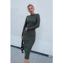 Yeşil Sarmaşık Kadın Yarım Balıkçı Yaka Süet Kumaş Fırsat Ürün Midi Boy Elbise