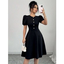 Yeşil Sarmaşık Kadın Kısa Kollu Bisiklet Yaka Önden Düğmeli Ithal Krep Elbise