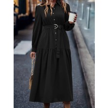 Yeşil Sarmaşık Kadın Uzun Kollu Yakalı Önden Düğmeli Beli Metal Kemerli Dokuma Maksi Elbise