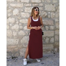 Yeşil Sarmaşık Kadın Yırtmaç Detaylı Viskon Kumaş Maxi Boy Cepli Iç Dahil Ikili Elbise