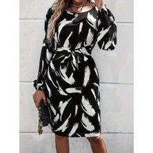 Yeşil Sarmaşık Kadın Uzun Kollu Yuvarlak Yaka Belden Kuşaklı Hazır Desenli Midi Krep Elbise