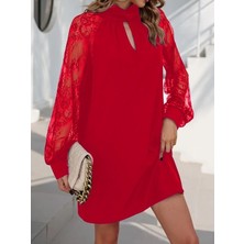 Yeşil Sarmaşık Kadın Uzun Kollu Tül Detay Sandy Mini Boy Elbise