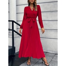 Yeşil Sarmaşık Kadın Uzun Kollu Kruvaze Yaka Belden Kuşaklı Pileli Ithal Krep Elbise