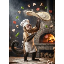 Bedeko Pizza Yapan Maymun Resimli Mdf Ahşap Tablo