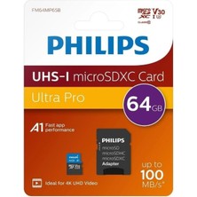 Flamex Phılıps FM64MP65B, 64GB, Sdxc, Uhs-I, V30, CLASS10, Microsd Kart Bellek (Sd Adaptörlü)
