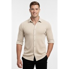 Deepsea Bej Slim Fit Örme Kumaş Likralı Erkek Gömlek – Nefes Alan Esnek ve Modern Tasarım 2602604