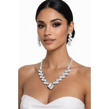 Klc Takı Kadın Gümüş Renk Model Su Yolu Zirkon Taşlı Kolye Küpe Seti