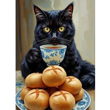 Bedeko Çay Içen Siyah Kedi Mdf Ahşap Tablo