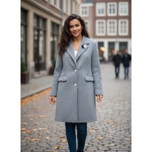 Esso Butik Kadın Açık Gri Broşlu Balık Sırtı Desenli Kaşe Kaban