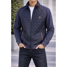 İnce Moda Giyim Erkek Lacivert Kapitone Detaylı Fermuarlı Triko Mont
