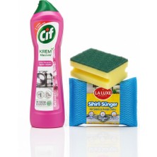 Cif Krem Sakura 500 ml + La Luxe Sihirli Sünger Kir Sökücü & Oluklu Bulaşık Süngeri Temizlik Seti