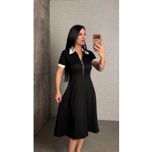 Defy Moda Kadın Polo Yaka Fermuar Detaylı Modal Midi Elbise