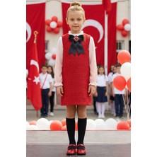 Parla Kids Kız Çocuk Vanessa Broş Detaylı Tüvit Kırmızı Uzun Kollu Yılbaşı Elbisesi 23 Nisan Gösteri Kıyafeti