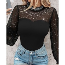 Gökyüzü Moda Kadın Uzun Kollu Yarı Balıkçı Yaka Taşlı Sandy Bluz