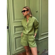 Giyimodam Kadın Uzun Kollu Salaş Gömlek ve Şort Keten Ikili Takım