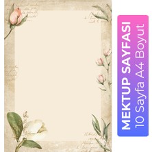 Organik Yolda Beyaz Gül Detaylı Bej Kağıt Mektup Kağıdı (10 Adet A4 Boyut)