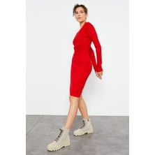 Tommy Life Kırmızı Kaşkorse Triko Dar Kalıp Patlı Yaka Kadın Elbise - 97116