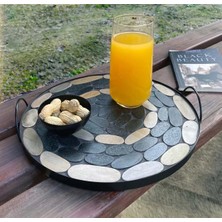 Noldecoration Yuvarlak Çap 30CM El Yapımı Naturel Taş Mozaik Bezeli Antipas Metal Iç ve Dış Mekana Uygun Çok Amaçlı Dekoratif Sunum Tepsisi