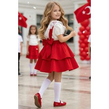 Parla Kids Kız Çocuk Helen Kırmızı Askılı Jile 23 Nisan 29 Ekim Elbise Gösteri Kıyafeti Ekru Dantel Kısa Kollu Bluz Abiye Takım