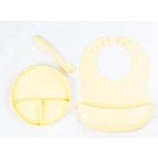 Luz&Pos Sarı 3’lü Silikon Yemek Seti – Önlük + Diş Kaşıyıcılı Kaşık + Vakumlu Tabak