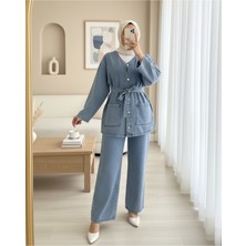 Moda Morfo Önü Düğmeli Çİft Cepli Kuşaklı Kot Takım  -Buz Mavi