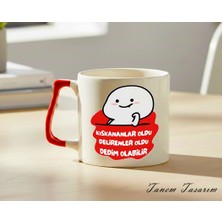 Tanem Kırmızı Kulp - Lüks Kupa Kahve Çay Fincanı Hediye Kupa Ofis ve Ev Için Dekoratif Şık Bardak