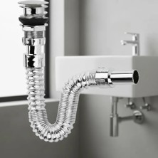 Depozee Krom Basmalı Sifon -Körüklü Sifon Bas Stoplu Lavabo Mutfak Sifonu-Paslanmaz