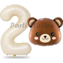 Parti Station Sevimli Ayıcık Kafa Balon 2 Yaş Balon Set Woodland Konsept Ayı Balon ve Krem Renk Rakam Balon