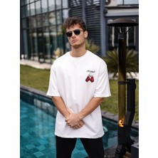 Luz&Pos Unisex Bisiklet Yaka Baskılı Oversize T-Shirt - Beyaz