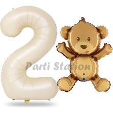 Parti Station Sevimli Ayıcık Balon 2 Yaş Balon Set Woodland Konsept Ayı Balon ve Gold Renk Rakam Balon
