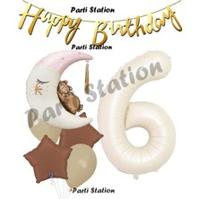 Parti Station Sevimli Ayıcık Krem Renk Rakam Balon Set 6 Yaş Ay Dede Uyuyan Ayıcıklı Krem Renk Rakam Folyo Balon