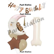 Parti Station Sevimli Ayıcık Krem Renk Rakam Balon Set 1 Yaş Ay Dede Uyuyan Ayıcıklı Happy Birthday Balon Set