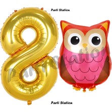 Parti Station Woodland Baykuş Konsept 8 Yaş Balon Set Sevimli Baykuş Owl ve Gold Rakam Balon Doğum Günü Balon Set