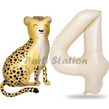 Parti Station Safari Çita Balon 4 Yaş Balon Set Safari Konsept Çita Balon ve Krem Renk Rakam Balon