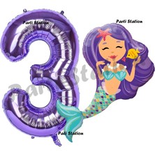 Parti Station Mermaid Deniz Kızı 3 Yaş Balon ve Mor Rakam Balon Doğum Günü Parti Balon Set