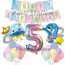 Parti Station Okyanus Hayvanları Deniz Canlıları 5 Yaş Balon Set Deniz Anası Deniz Atı Happy Birthday Balon Set
