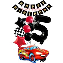 Parti Station Cars Şimşek Mcqueen Yarış Arabası Konsept 5 Yaş Balon Set Cars Doğum Günü Happy Birthday Balon Set
