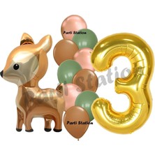 Parti Station Woodland Geyik Balon 3 Yaş Balon Set Sevimli Ceylan Balon ve Gold Rakam Balon Doğum Günü Set