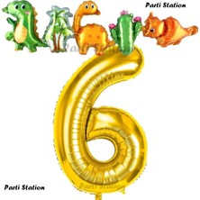 Parti Station Altın Renk Rakam Balonlu Dinozor 6 Yaş Doğum Günü Parti Yapışık Balon Set Dinozor Tema Parti Set