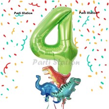 Parti Station Yeşil Renk Rakam Balonlu Küçük Boy Dinozor Balonlu 4 Yaş Dinozor Konsept Doğum Günü Parti Balon Set