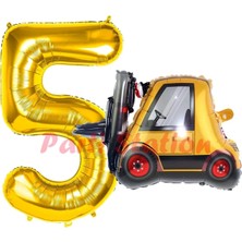 Parti Station Inşaat Forklift Kamyonu Balon 5 Yaş Doğum Günü Balon Set Iş Makinaları Konsept ve Gold Rakam Balon