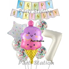 Parti Station Ice Cream Dondurma Konsept Doğum Günü 7 Yaş Balon Set Yaz Tema Sevimli Dondurma Folyo Balon Set
