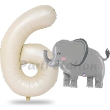 Parti Station Sevimli Fil Balon 6 Yaş Doğum Günü Balon Set Safari Konsept Fil Balon ve Krem Renk Rakam Balon
