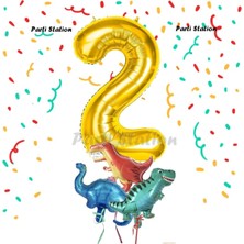 Parti Station Altın Renk Rakam Balonlu Küçük Boy Dinozor Balonlu 2 Yaş Dinozor Konsept Doğum Günü Parti Balon Set