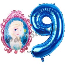 Parti Station Frozen Balon 9 Yaş Doğum Günü Set Karlar Ülkesi Konsept Balon ve Lacivert Rakam Balon Doğum Günü Set